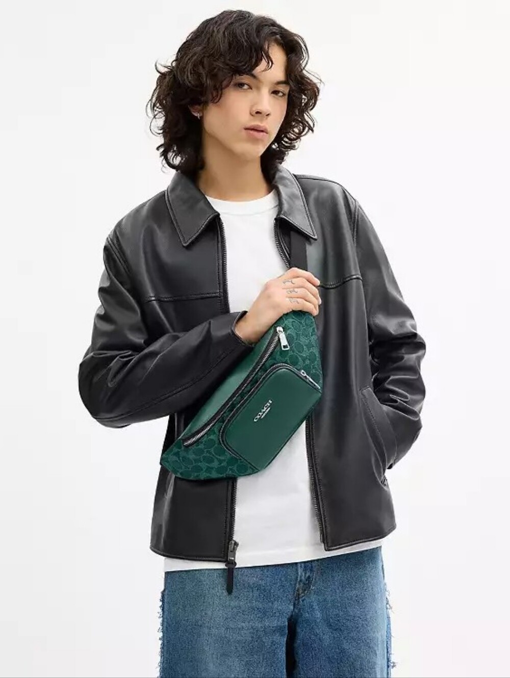 NWT!  Coach Men's Green Signature Belt Bag with Leather Trim